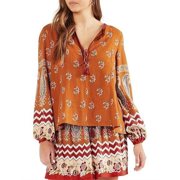 Anthropologie Tigerlily Heloise Rust Linen Blend Peasant Top Blouse US 6 - Picture 1 of 8